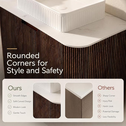 30 Inch Bathroom Vanity with Sink, Floating Wall Mounted Single Sink Vanity, Dark Walnut Curved Fluted Front, Stone Top, White Textured Rectangular Vessel Basin, Pre-Assembled