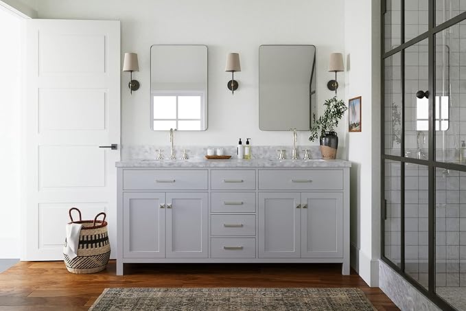 ARIEL Bristol 73" Grey Double Vanity, 1.5" Edge Italian Carrara Marble Countertop & Splash, Rectangular Sinks, 2 Soft Closing Doors, 4 Full Extension Dovetail Drawers, Polished Chrome