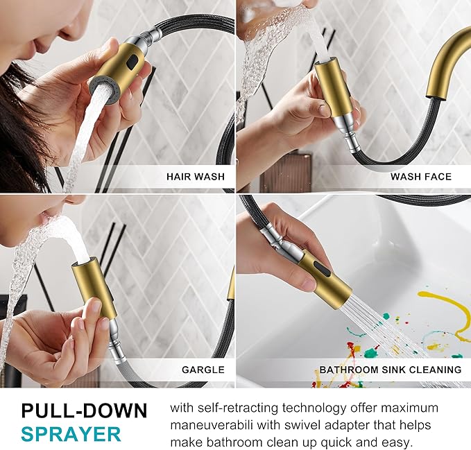 KENES Brushed Gold Tall Bathroom Faucets with Pull Down Sprayer, High Vessel Sink Faucet with Pull Out Sprayer, Single Handle Vanity Faucet 1 Hole with Pop Up Drain & Supply Lines, LJ-9065A-4