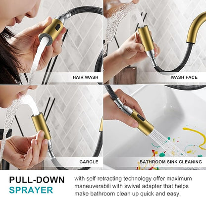 KENES Brushed Gold Tall Bathroom Faucets with Pull Down Sprayer, High Vessel Sink Faucet with Pull Out Sprayer, Single Handle Vanity Faucet 1 Hole with Pop Up Drain & Supply Lines, LJ-9065A-4