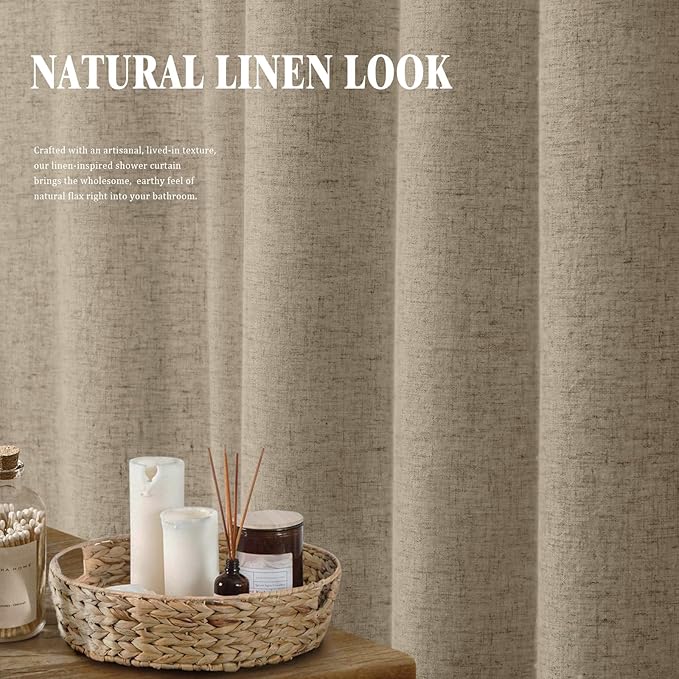 Linen Shower Curtain Flax Khaki, Fabric Boho Farmhouse Shower Curtains for Bathroom Cotton Natural Cloth Liner Set 72" W x 72" L