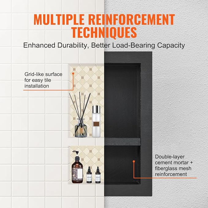 VEVOR Shower Niche Ready for Tile 16" x 24", Double Shelf Organizer, Square Corners Wall-inserted Niche Recessed, Sealed Protection Modern Soap Storage Niche for Shower Bathroom, Black