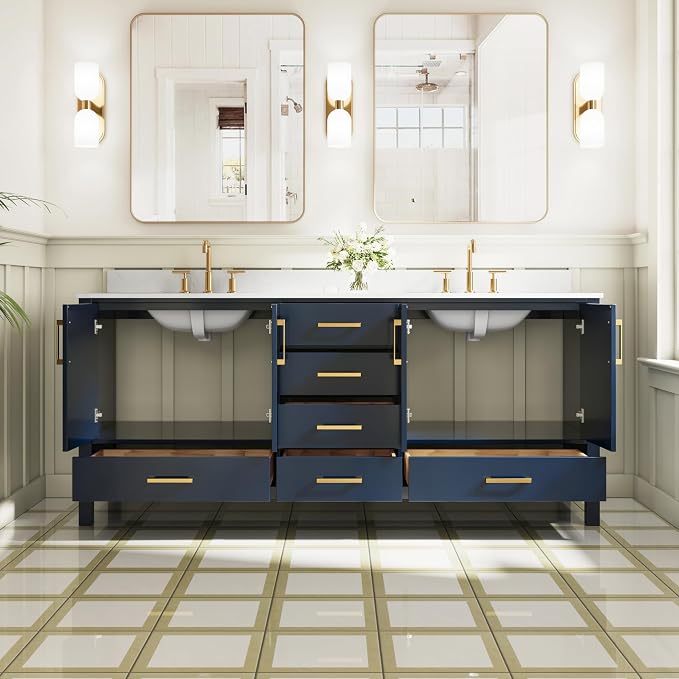 80-Inch Bathroom Vanity with Sink, 4 Soft-Close Doors and 6 Soft-Close Drawers, Bathroom Freestanding Vanity with Cultured Marble Countertop, Navy Blue Vanity W/Gold Handles