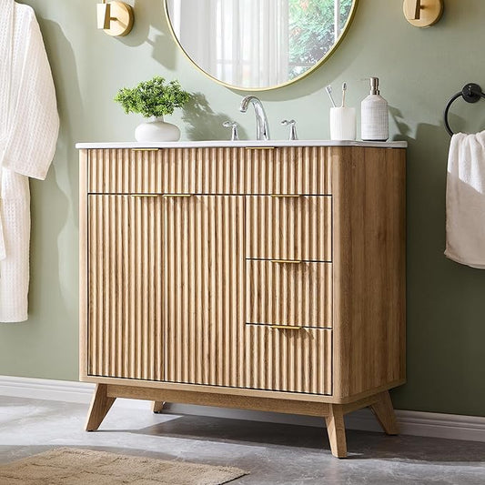 T4TREAM 36" Fluted Bathroom Vanity with Ceramic Sink Combo，Freestanding Modern Bathroom Storage Vanity Cabinet with 2 Soft Closing Doors & 3 Drawers，Wood Grain Texture，Metal Handle，Natural Oak