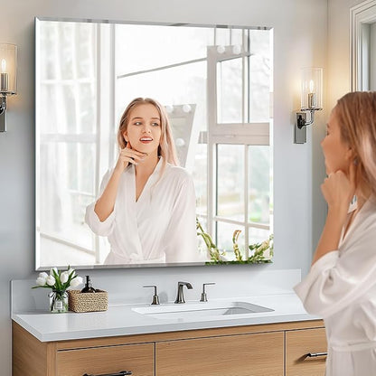 KOCUUY Beveled Mirror, 36x36 Inch Large Frameless Square Bathroom Mirror for Over Sink, Upgraded Shatterproof Beveled Unframed Design Mirror for Bathroom, Bedroom, Hang Horizontal/Vertical