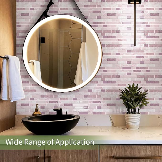 10 Sheets Thick Peel and Stick Kitchen Backsplash Tiles | 3D Waterproof Self Adhesive Wall Tile Stick on Backsplash for Kitchen,Bathroom and Fireplace(Pink,12"×12")