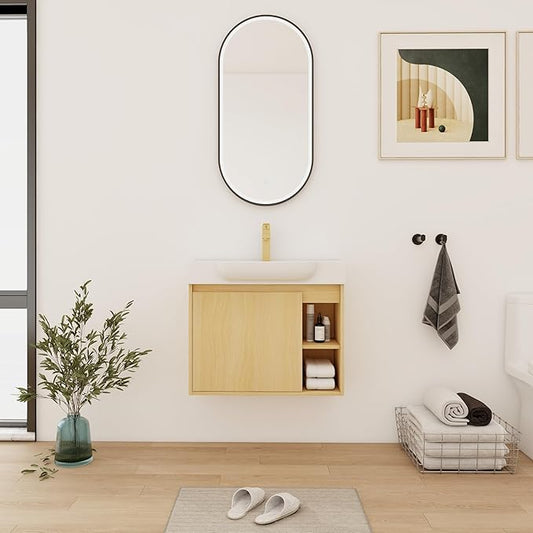 28" Wall-Mounted Bathroom Vanity with Ceramic Sink, 28 inch Floating Single Sink Vanity Cabinet Modern Brown 1-Door Design with Storage Shelf (Space-Saving for Small Bathrooms), Light-Oak