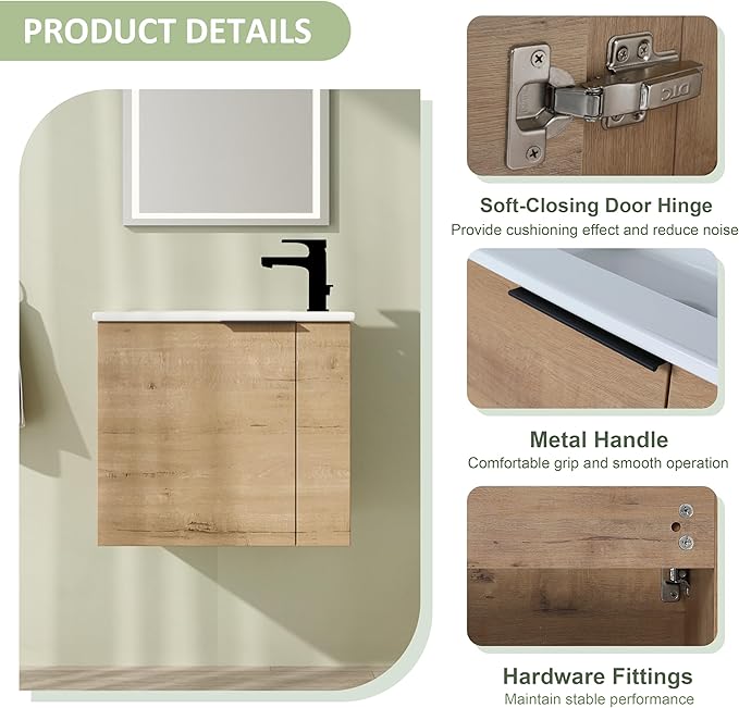22" Bathroom Vanity with Sink, 22 Inch Floating Bathroom Vanity for Small Space, Single Sink Bathroom Vanity Combo, Modern Bathroom Vanity, Brown Wall Mounted Cabinet Set（002）
