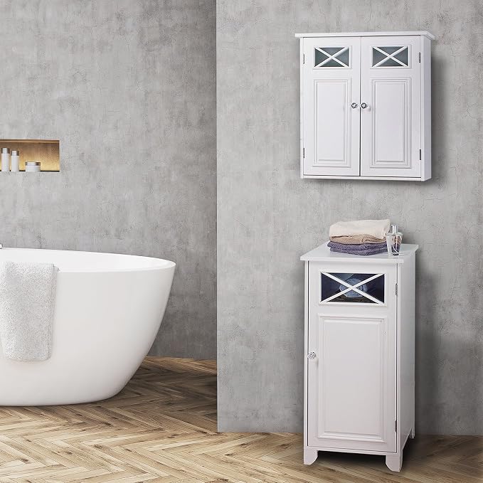 Teamson Home Dawson Wooden Over The Toilet Bathroom Removable Wall Medicine Cabinet with 1 Adjustable Shelf 2 Storage Spaces 2 Cross Molding Doors and Crystal-Cut Knobs, White | 2 Doors, Floor Mount, Open Shelf, Crystal-Cut Knobs