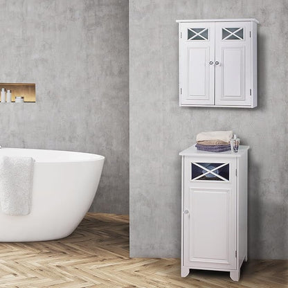 Teamson Home Dawson Wooden Over The Toilet Bathroom Removable Wall Medicine Cabinet with 1 Adjustable Shelf 2 Storage Spaces 2 Cross Molding Doors and Crystal-Cut Knobs, White | 2 Doors, Floor Mount, Open Shelf, Crystal-Cut Knobs