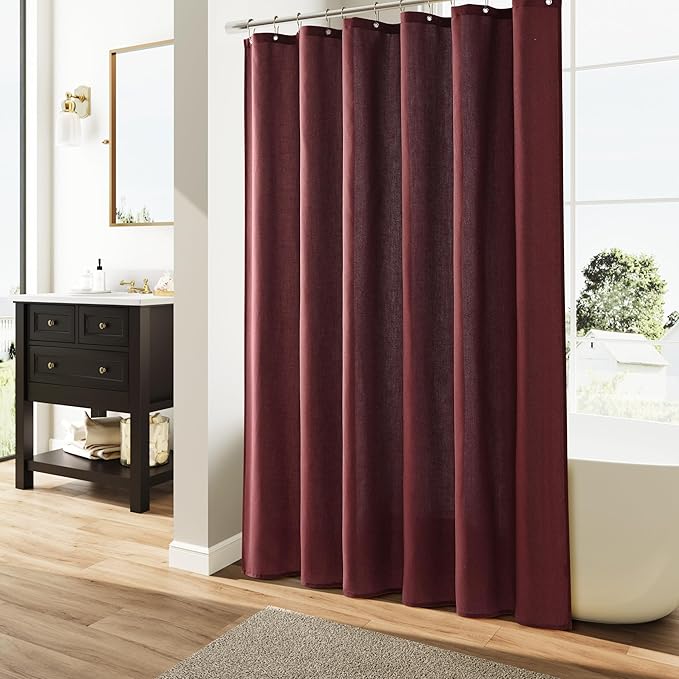 Burgundy Linen Shower Curtain, Country Boho Farmhouse Bath Decor Shower Curtains Neutral Cloth Weighted Textured Fabric Bath Curtain Liner with Hooks, 72x72