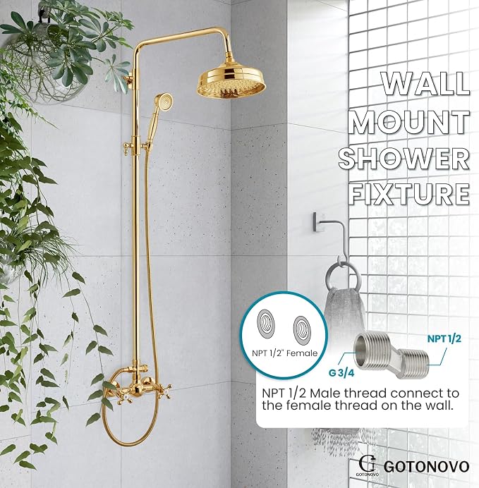 gotonovo Exposed Shower System Wall Mount,Polish Gold,Metal Handheld | 8” Rain Shower Head Faucet Set Fixtures,2 Function,Two Cross Handle,Height Adjustable,for 5-6.7" Hole,Indoor Victorian Retro