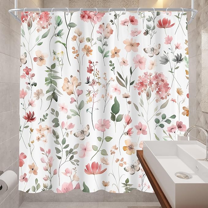 Pink Blush Coral Flower Floral Women Girls Leaf Bathroom Shower Curtain Set | 72"W x 72"H Wildflower Leaves; waterproof HD print, quick-dry fabric and plastic hooks for easy setup.