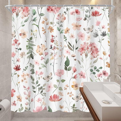 Pink Blush Coral Flower Floral Women Girls Leaf Bathroom Shower Curtain Set | 72"W x 72"H Wildflower Leaves; waterproof HD print, quick-dry fabric and plastic hooks for easy setup.