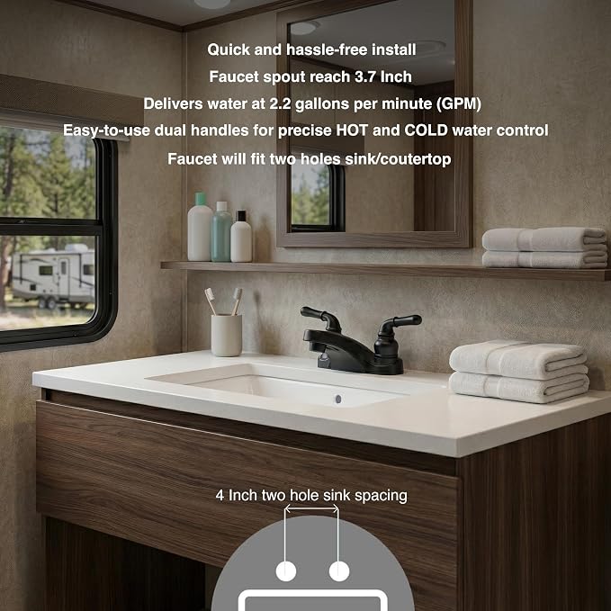 Dura Faucet DF-PL700C-MB RV Two Handle Bathroom Sink Faucet (Matte Black) | Two-hole drop-in design for standard camper sinks; drip-resistant cartridge control.