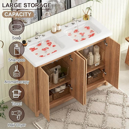 Bathroom Vanity with Double Sink 48 Inch, Modern Thickened Wood Bathroom Storage Cabinet, Freestanding Storage Bathroom Vanity with 4 Doors, Nature Wood