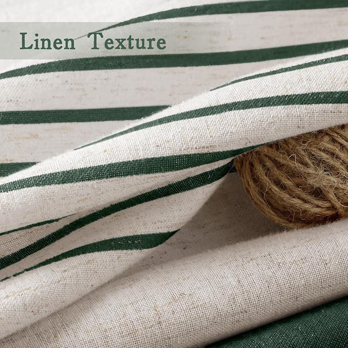 Dark Green Boho Linen Striped Shower Curtain with Tassel 72"W X 72"L | Boho Farmhouse Shower Curtains with Linen Texture for Bathroom Decor