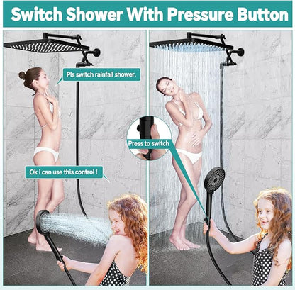 13" Rainfall Shower Head with Handheld Spray, Button Switch by Handheld | Waterfall Showerhead , 3-Modes Spray, Adjustable Extension Arm, 71 Inches Stainless Steel Hose(Matte Black)
