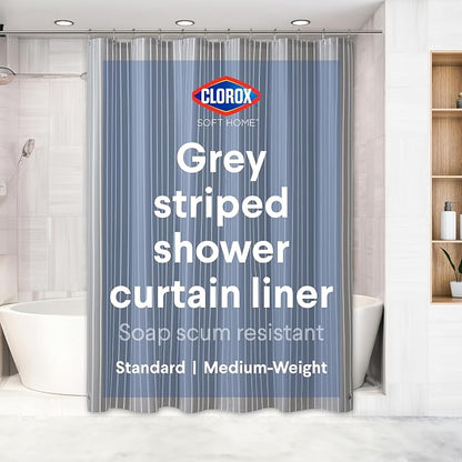 Clorox Shower Curtain Liner, Premium Striped Medium-Weight Durable Waterproof 6g PEVA for Bathroom with Weighted Magnets, Printed Standard Size 72" x 72", Grey