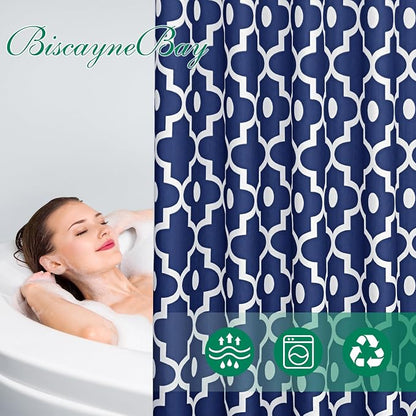 Fabric Modern Shower Curtain-Navy and White Shower Curtains for Bathroom | 72"W x 72"L Textured Faux Linen Elegant Classic Moroccan Bath Decor-Hotel Quality Transitional Washable & Breathable Cloth