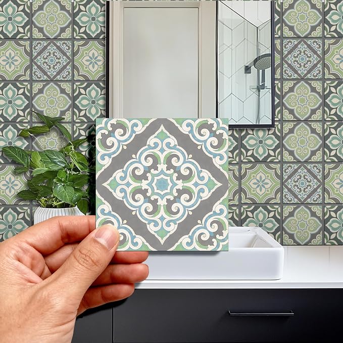 36 Pcs 4 Style Gray Pattern Peel and Stick Tile Sticker, 4x4inch | Cyan Pattern Wall Stickers Waterproof Self Adhesive Stick on Tile Decals for Kitchen Bathroom Art Decor