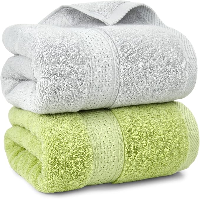 Cleanbear Soft Cotton Towels Bath Shower Towel Set for Body Drying, 2-Pack | 100% Cotton Bath Towels, Thick and Highly Absorbent Bathroom Towels (Grayish-White & Fresh-Green)