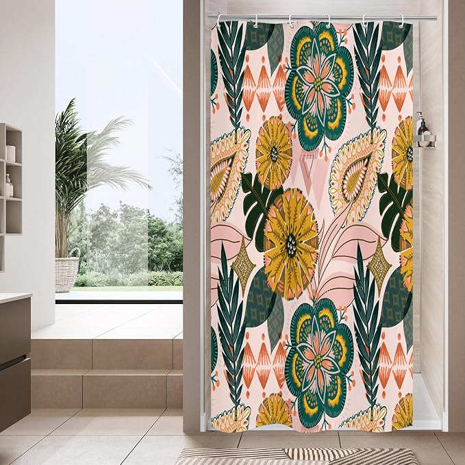 Pink Floral Shower Curtain, Boho Vintage Botanical Fabric Curtain, 36 x 72 | Boho floral, vintage botanical, dark floral, rustic farmhouse, colorful flowers, fabric shower curtain