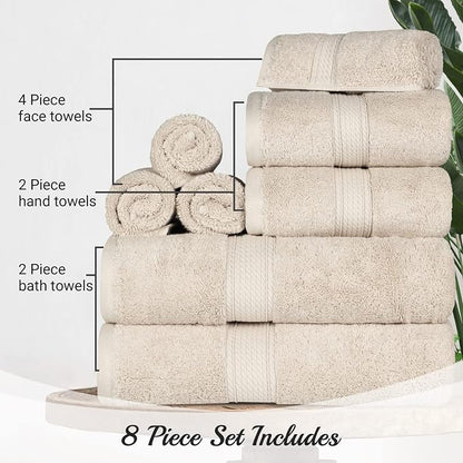 SUPERIOR Egyptian Cotton Ultra Plush & Absorbent, 8 Piece Set, Cream | Quick Dry, Soft Luxury Towel Set, Bath Essentials, Guest Bath, Spa, 2 Bath, 2 Hand, 4 Face Towels, Madeline Towels