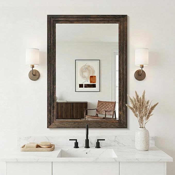 Farmhouse Rustic Wood Framed Bathroom Vanity Mirror for Wall, 24x36, Brown | Recessed Stepped Solid Wood Frame, HD Shatterproof Glass, Vertical/Horizontal Mount, for Bathroom Sink, Living Room, Entryway