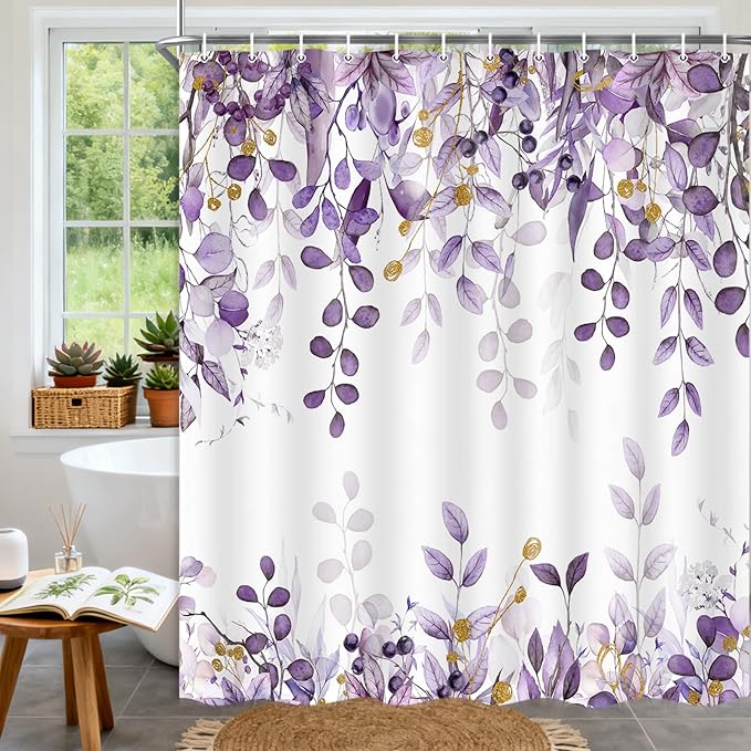 Small Stall Eucalyptus Shower Curtain, Purple Watercolor Plants Leaves Bathroom Decor, Stylish Botanical Foliage Waterproof Fabric Cloth Narrow Shower Curtain with Hooks 47X64 Inch