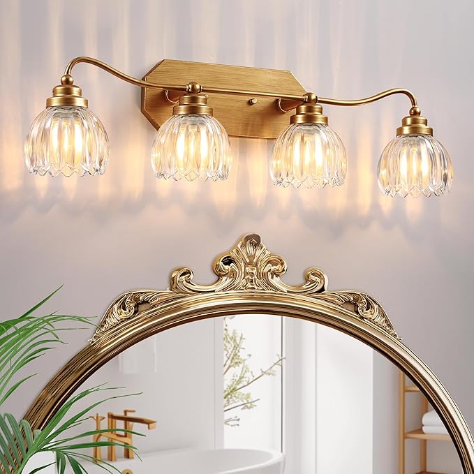 Vintage Bathroom Light Fixtures, 4 Light Gold Bathroom Vanity Light, Matte Antique Brass Finish with Crystal Glass Shade, Wall Sconces Lighting for Bedroom, Living Room, Hallway