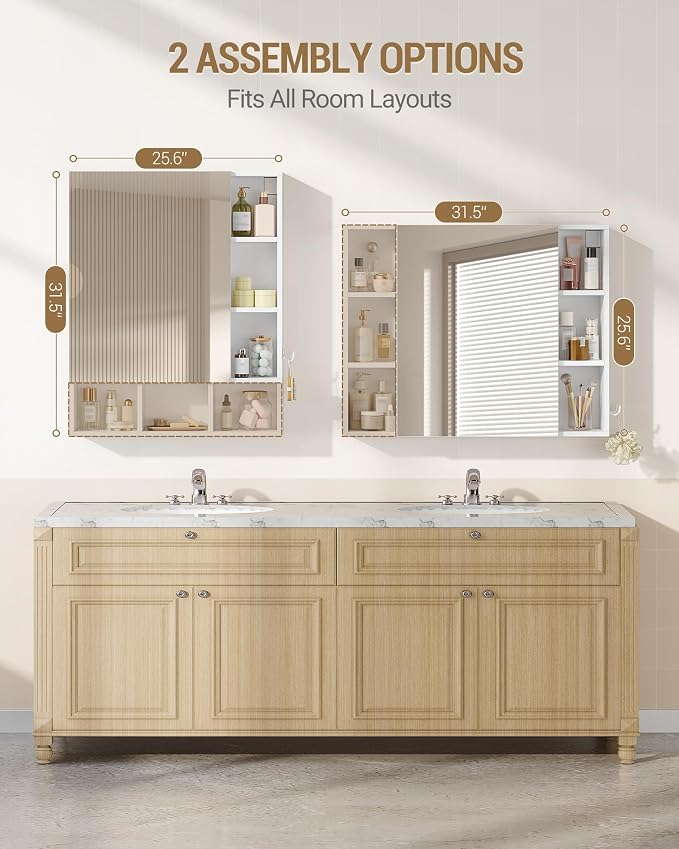 Hzuaneri Bathroom Cabinet with Mirror, Wall Cabinet with Storage Space | Wall Mounted with Reversible Install Storage Space,6 Open Compartments,3 Hidden Storage Shelves,Hooks,6.5"Dx25.6"Wx 31.5"H