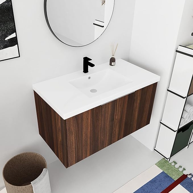 Bathroom Vanity with Sink 36 Inch, Single Sink Modern Bathroom Vanities Set, Wall-Mounted Bathroom Vanity, Floating Soft Close Door