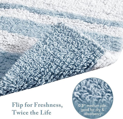 Madison Park Reversible Spa Rug 100%-Cotton Striped Ultra Soft Water Fast Bath Non-Slip Absorbent Quick Dry Mats for Tub, Shower Room, and Bathroom, 20"x30", Blue (MP72-6210) | Quick Dry, Ultra Soft, Pile, Machine Washable, Plush, OEKO-TEX Certified