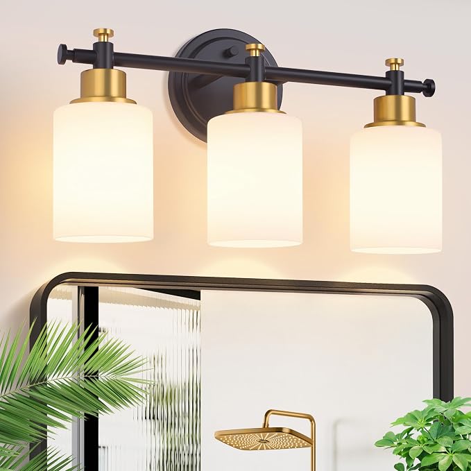 3 Light Bathroom Vanity Light, Black and Gold Vanity Lights for Bathroom | Vanity Light Fixture Over Mirror, Modern Wall Sconce with Milky White Glass Shade, 17.5 In, E26(Bulbs Not Included)