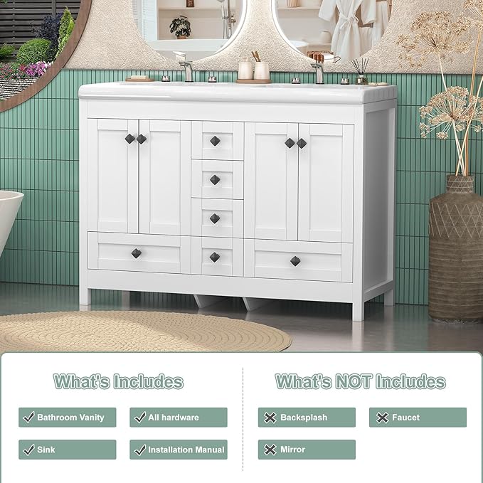48 Inch Bathroom Vanity with Sink, Bathroom Vanity Cabinet with Doulble Sink, White Bath Vanities with 4 Doors and 6 Drawers (20" D x 48" W x 36" H)