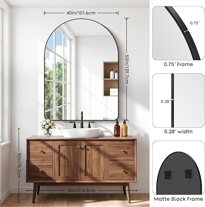 BONEWEI Arched Wall Mirror,55x40 inch Black Arched Mirror Bathroom,Large Vanity Mirror for Over Sink Metal Frame,Tempered Glass Arch Mirrors for Bedroom,Entryway,Living Room,Home Decor Shatter-Proof