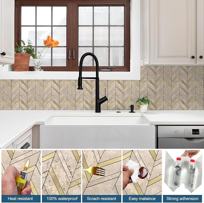 Yipscazo 10-Sheet Herringbone Peel and Stick Backsplash, Beige Stone Mixed Metal Gold PVC Stick on Tiles for Kitchen, Waterproof Self Adhesive Wall Tiles for Bathroom
