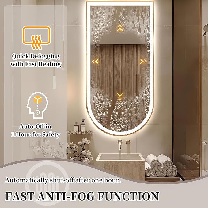 Arched LED Bathroom Mirror, 48"x24" Arch Backlit Vanity Mirror with Lights, Frontlit, Dimmable, 3 Colors, Memory Function, Anti-Fog Smart Mirror, Gold Frame, Shatterproof, Vertical-Inverted