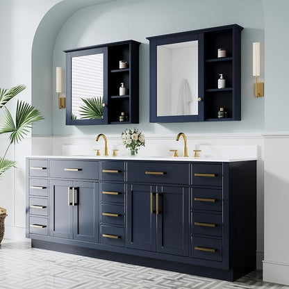 84-Inch Bathroom Vanity with Double Sinks W/ 4 Doors & 12 Drawers & 2 Flip Drawers, Navy Blue Vanity W/Brushed Gold Handles