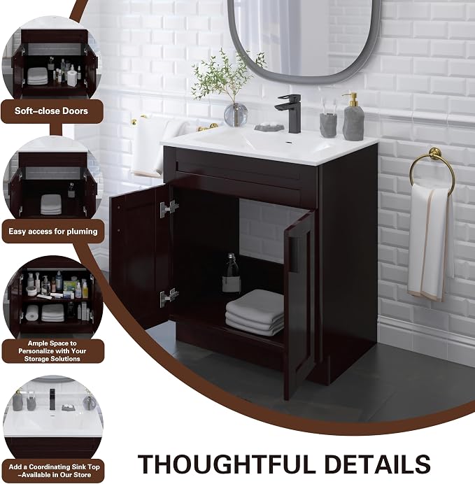 24" Espresso Shaker Bathroom Vanity Base – Ready-to-Assemble Sink Cabinet, Freestanding Bathroom Vanity Base Only, No Top or Sink