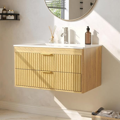 30 Inch Floating Bathroom Vanity with Sink, Bathroom Wall Cabinet with 2 Fluted Drawers & Metal Handle, Wall Mounted Cabinet for Bathrooms (Natual Yellow, 30 inch, with Sink)