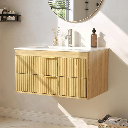 30 Inch Floating Bathroom Vanity with Sink, Bathroom Wall Cabinet with 2 Fluted Drawers & Metal Handle, Wall Mounted Cabinet for Bathrooms (Natual Yellow, 30 inch, with Sink)