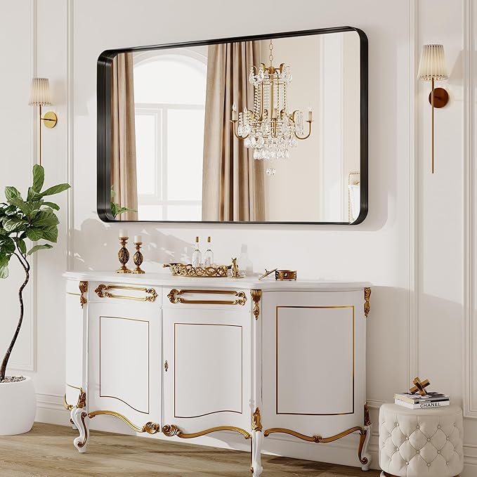 40X30 Inch Black Metal Framed Bathroom Mirror for Wall, Matte Large Rounded Rectangle Vanity Mirror Farmhouse,Anti-Rust, HD Tempered Glass, Horizontally or Vertically Hanging