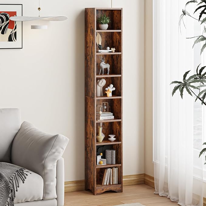 VECELO Tall Open Narrow Bookshelf, 6 Adjustable Movable Shelves, Wood Space Saving Corner Storage Rack for Small Spaces, Retro Brown