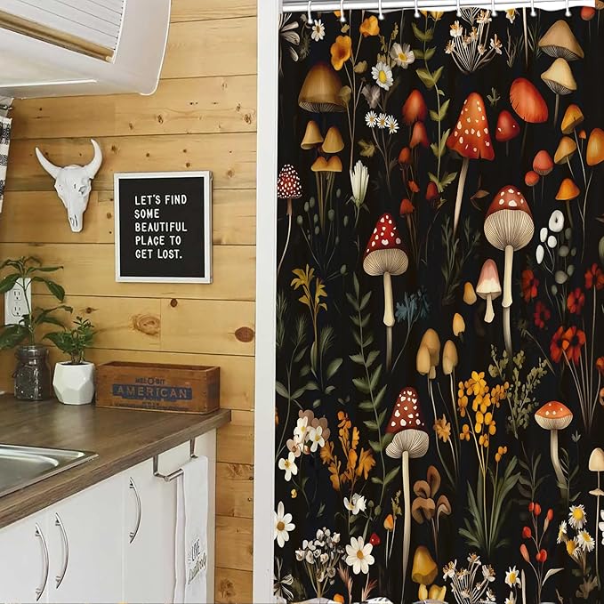 JAWO Camper Shower Curtain, Rustic Lodge Cabin Woodsy Wildlife Animals Woodland Rv Shower Curtains Camper Camping Bathroom Set with Hooks, 47X64 Inch, Red