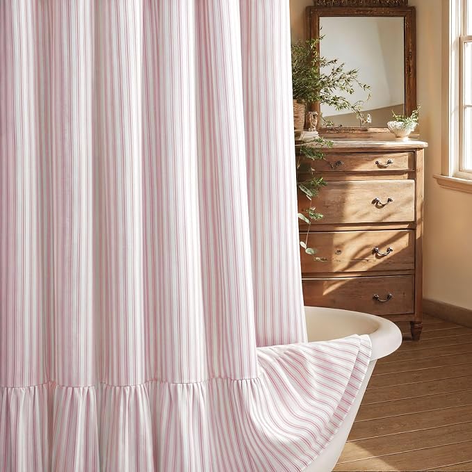 Farmhouse Shower Curtain Ruffle Linen White-Pink Stripe 72"W x 72"L | Farmhouse Boho, Striped, Bottom Ruffle, Cotton Fabric, Rustic, Country, Natural Look, Washable, for Bathroom Bathtub