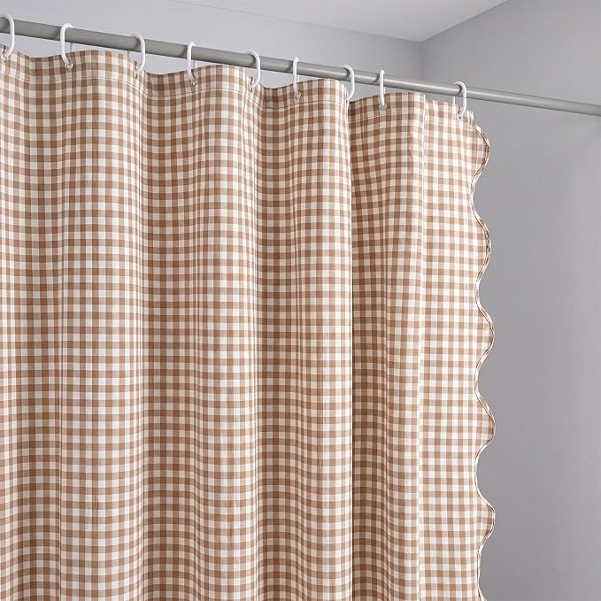 HunnmingRe Scalloped Gingham Shower Curtain Taupe | 72'' x 72'' Vintage Farmhouse Curtain, Cotton Cottage Core Rural Checkered Plaid Decor, Fall Shower Curtain for Bathroom