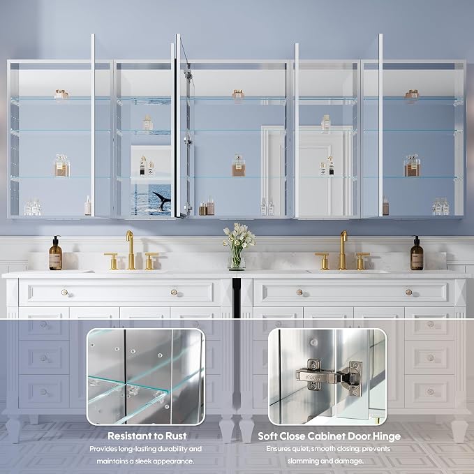 104" x 36" Bathroom Medicine Cabinet with Mirror, Anodized Chrome Aluminum Frame, Surface Mount or Recessed Medicine Cabinet with Mirror, Bathroom Mirror with Storage, Five Doors