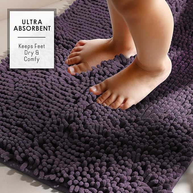 Hearth & Harbor Bathroom Rugs, Chenille Bath Mat - Machine Washable Bath Mats for Bathroom Non-Slip Backing Rubber, Quick Dry Mat - Purple Bath Rug, 17x24-26x44-20x24